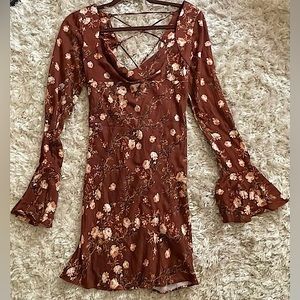 Free People Burnt Orange Floral Long Bell Sleeve Mini Dress - Size 2 NEW